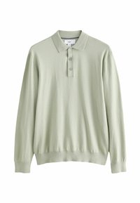 Jasnozielona longsleeve polo z miękkiego materiału, z kołnierzykiem i zapięciem na trzy guziki; ma ściągacze na mankietach i u dołu.