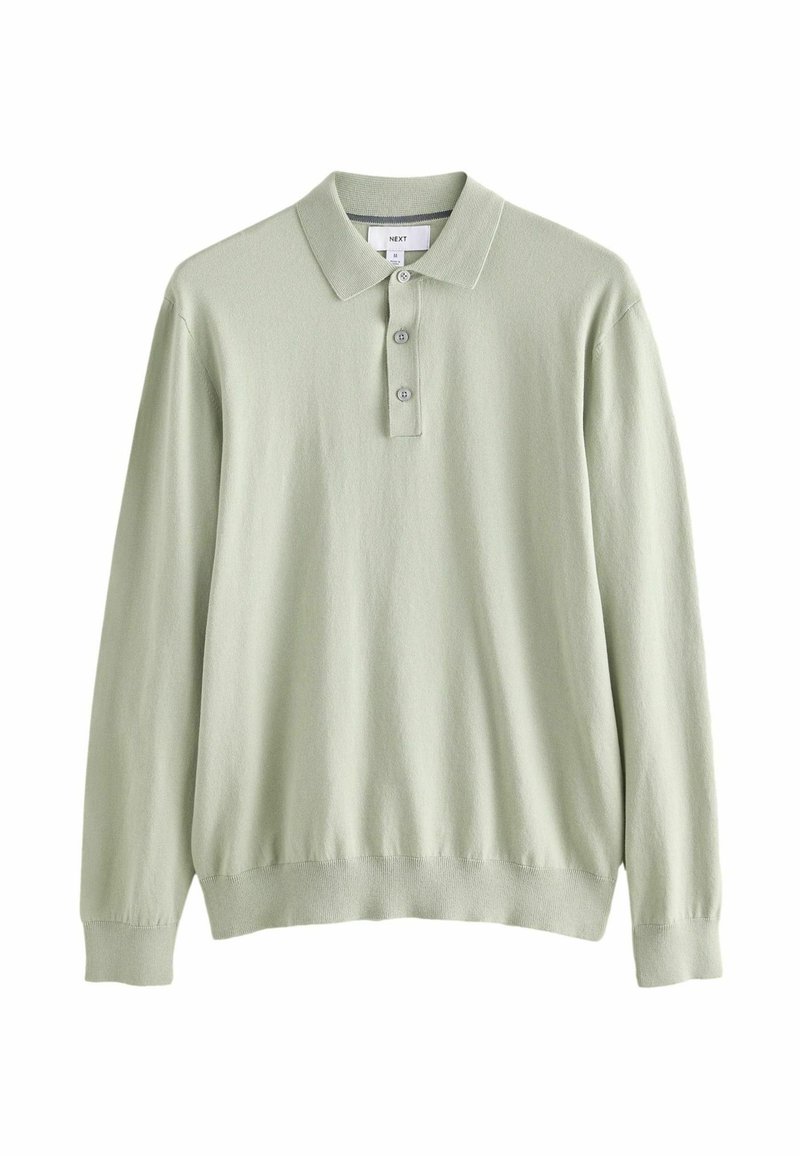 Jasnozielona longsleeve polo z miękkiego materiału, z kołnierzykiem i zapięciem na trzy guziki; ma ściągacze na mankietach i u dołu.