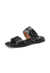 Sandalo scorrevole in pelle nera con una larga fascia decorata da motivi grafici bianchi, design elegante e suola piatta in gomma.