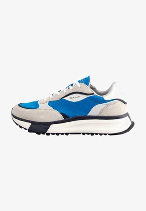Men's sneaker with a blue and gray suede upper, white mesh accents, blue laces, and a thick black rubber sole featuring a textured design.