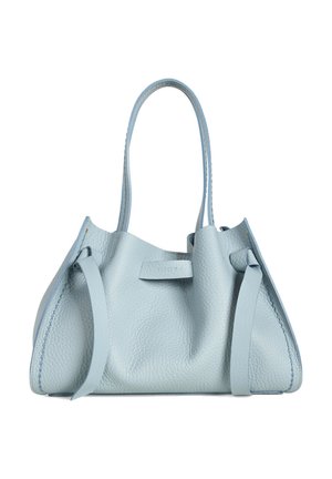 Borsa a tracolla in pelle azzurro chiaro con due manici lunghi e cinturini decorativi su entrambi i lati.