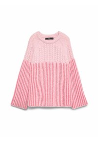 Roosa kootud kampsun, mille ülemisel poolel on siksakmustriga tekstuur ja alumisel poolel vertikaalsed triibud. Ümar kaelus ja pikad varrukad.