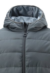 Gray padded jacket with a zip closure and a hood. The interior features a contrasting light gray lining. Smooth texture with quilted details.