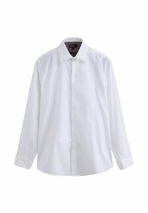 Long-sleeve white dress shirt with pleated front panel and pointed collar, displayed against a white background.