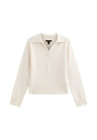 Kremowy sweter z długim rękawem, z kołnierzykiem i dekoltem w serek, z prążkowymi mankietami i dolnym wykończeniem, wystawiony na białym tle.