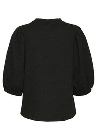 Top negro de mangas abullonadas con tela texturizada que presenta un patrón geométrico. Cuello redondo y puños elásticos. Vista trasera mostrada.