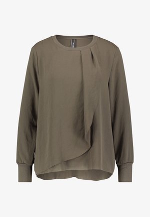 Olivově zelený dlouhý rukáv top s kulatým výstřihem, asymetricky zavěšeným předním dílem a žebrovanými manžetami. Hladký materiál, volný střih.
