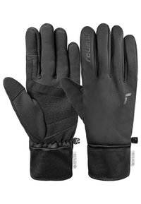 Schwarze Handschuhe mit glatter Oberfläche, ausgestattet mit strukturiertem Stoff auf den Handflächen, elastischen Bündchen und einem Markenlogo. Wasserabweisendes Material vermerkt.