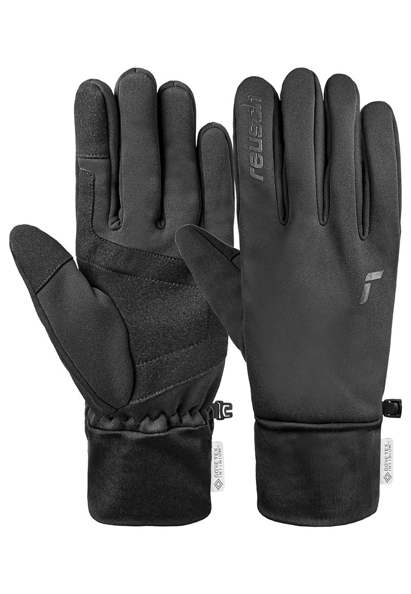 Schwarze Handschuhe mit glatter Oberfläche, ausgestattet mit strukturiertem Stoff auf den Handflächen, elastischen Bündchen und einem Markenlogo. Wasserabweisendes Material vermerkt.