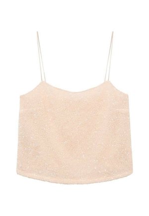 Haut court beige à sequins avec fines bretelles spaghetti et décolleté droit.