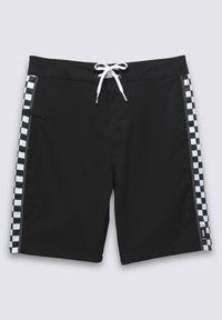 Pantaloni da bagno neri con coulisse bianca, dotati di pannelli laterali a scacchi e una piccola tasca sul fianco sinistro. Tessuto morbido, design fino al ginocchio.