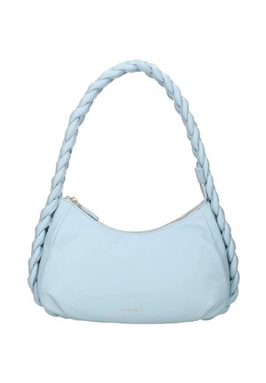 Sac à épaule bleu clair avec poignée tressée, fermeture éclair incurvée sur le dessus et petit texte doré de la marque au centre avant.