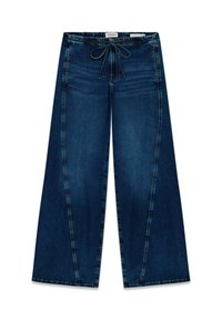 Tumedatest sinisest laiematest teksadest, millel on nööriga vöökoht, sile tekstuur, kontrastne õmblus ja mugav lõige.