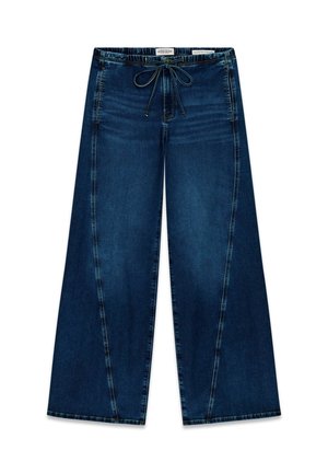 Granatowe dżinsy o szerokich nogawkach z kordonkiem w pasie, charakteryzujące się gładką teksturą, kontrastowym przeszyciem oraz luźnym krojem.