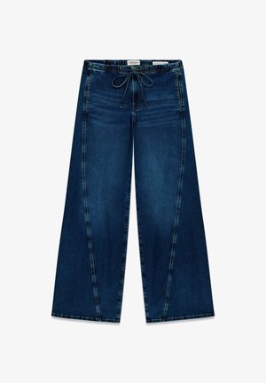 Tmavě modré široké džíny s elastickým pasem, s hladkým povrchem, kontrastním prošíváním a uvolněným střihem.