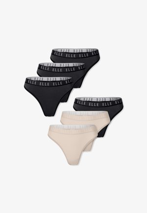 Set di lingerie nero e beige, composto da cinque pezzi. Caratterizzato da una texture liscia e cinturini elastici con logo "ELLE" a contrasto.