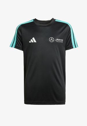 Black athletic t-shirt with light blue shoulder stripes, featuring the Mercedes and AMG Petronas logos in white on the front.
