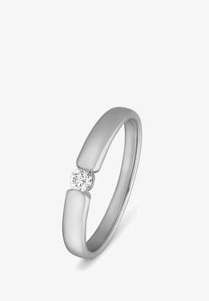 Silver ring with smooth, rounded band and a single round diamond accent set in the center, showcasing a minimalist design.