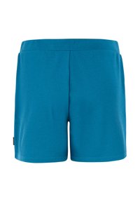 Žalioji tinklinė šortai su elastinga juosta, pasižymintys lygia tekstūra ir tvarkingais siūlais. Be kišenių ar papildomų detalių. Atvirkštinis vaizdas.