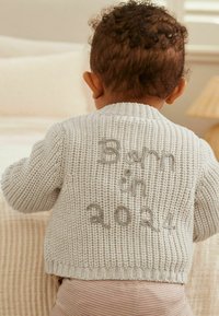 Hellgrauer gestrickter Pullover aus strukturiertem Stoff, mit gesticktem Text "Geboren im Jahr 2024" auf dem Rücken. Rippbündchen und Saum.
