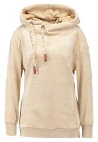 Sweat à capuche beige avec une texture douce et lisse, featuring des cordons contrastés et une coupe décontractée. Comprend des poches latérales et des poignets côtelés.