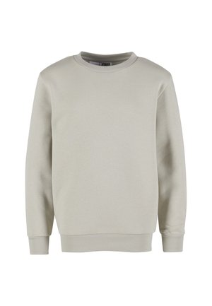 Sweatshirt beige à col rond avec manches longues, poignets et ourlet côtelés, présenté sur un fond blanc.