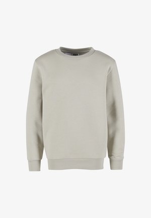 Sweatshirt beige à col rond avec manches longues, poignets et ourlet côtelés, présenté sur un fond blanc.