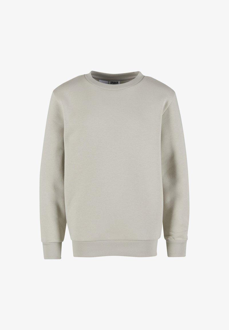 Sweatshirt beige à col rond avec manches longues, poignets et ourlet côtelés, présenté sur un fond blanc.