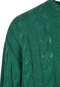 Pull vert en maille avec un motif torsadé. Présente un col rond et un tissu texturé. Vue en gros plan mettant en avant les détails des coutures.