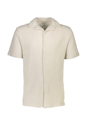 Koszula z krótkim rękawem w kolorze kremowym, wykonana z miękkiego materiału frotte, z kołnierzykiem, z przodem zapinanym na guziki i luźnym krojem. Szczegóły w fakturze na powierzchni.