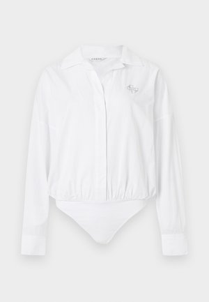 Bijeli bodi s dugim rukavima i ovratnikom, s kopčanjem na gumb na prednjoj strani i sitnim izvezenim detaljem na prsima. Glatka tkanina, uski kroj.