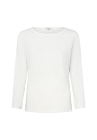 White long-sleeve top made of soft fabric, featuring a round neckline, straight cut, and no visible patterns or embellishments.
