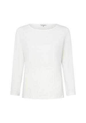 Weißes Langarmoberteil aus weicher Stoffqualität, mit Rundhalsausschnitt, geradem Schnitt und ohne sichtbare Muster oder Verzierungen.