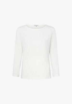 Weißes Langarmoberteil aus weicher Stoffqualität, mit Rundhalsausschnitt, geradem Schnitt und ohne sichtbare Muster oder Verzierungen.
