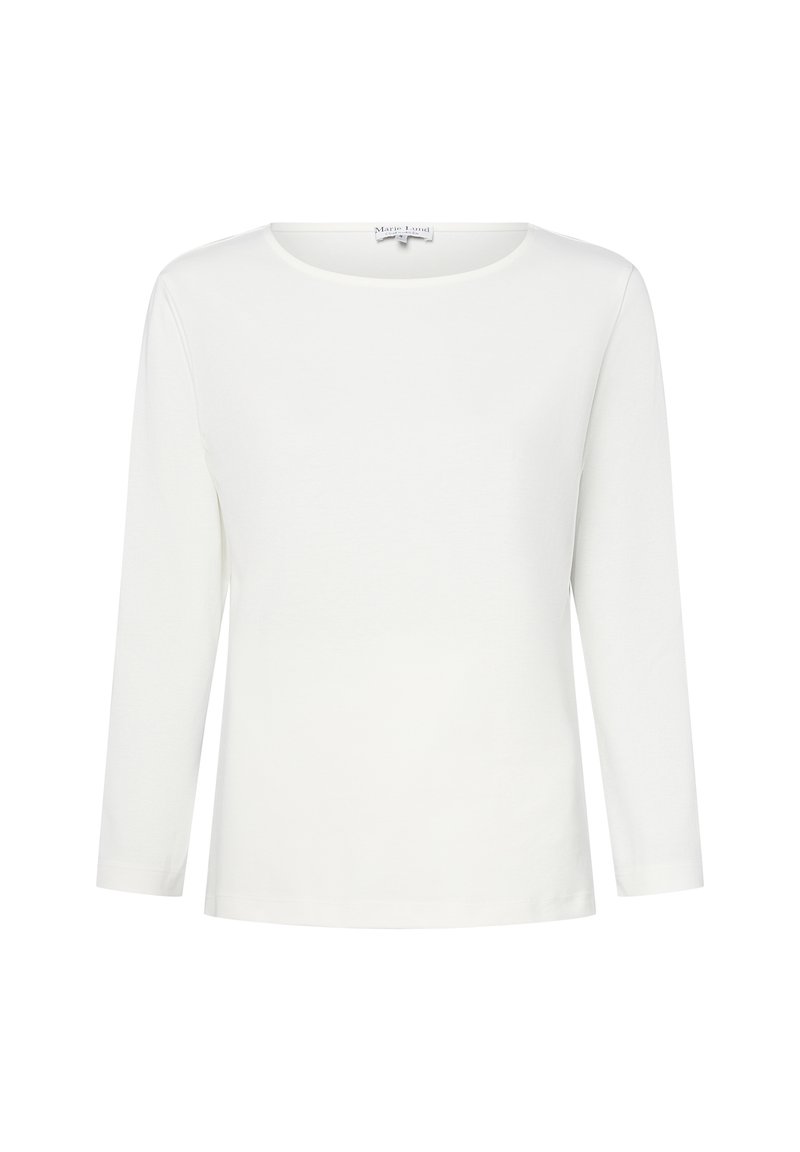 White long-sleeve top made of soft fabric, featuring a round neckline, straight cut, and no visible patterns or embellishments.