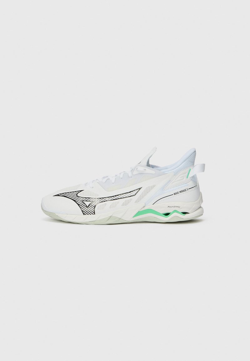 White athletic shoes with a mesh upper, black and green accents, a chunky sole, and a wavy pattern on the side for support and stability.
