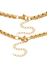 Gouden ketting met ronde schakels en een karabijnhaak. Bevat een verbonden ketting voor verstelbare lengte. Gladde, metallic afwerking.