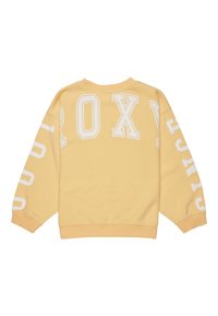 Sudadera amarilla con el texto blanco "ROXY" y números en las mangas. Material de algodón suave, cuello redondo y puños y dobladillo acanalados.