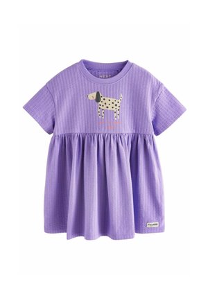 Purple short-sleeve toddler dress with gathered skirt and spotted dog graphic on chest, labeled "happyHOOD" at hem.