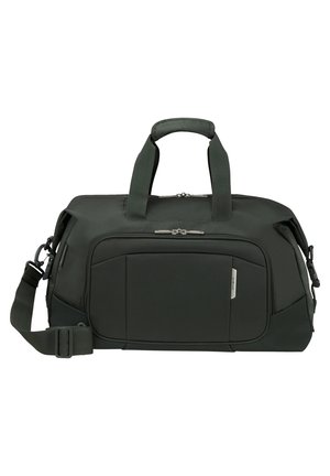 Borsa da viaggio verde scuro realizzata in tessuto testurizzato, con doppi manici corti, tracolla regolabile e una tasca anteriore con cerniera.