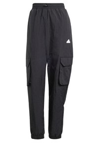 Svarta cargobyxor tillverkade av lätt, texturerad tyg. Har en elastisk midja, smala muddar och flera sidofickor.