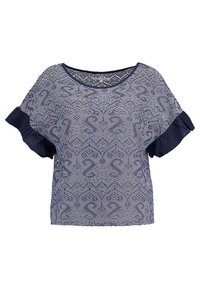 Granatowa bluzka z wzorzystym wzorem, z krótkimi falbaniastymi rękawami i szerokim dekoltem. Wykonana z lekkiej, teksturowanej tkaniny.