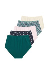 Cinco pares de braguitas de talle alto en verde, azul marino, rosa y crema, con estampados florales y cinturillas elásticas.
