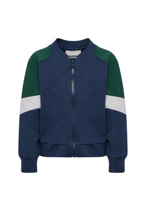 Marintröja med dragkedja i marinblått, med gröna och grå detaljer på axlarna, ribbade ärmslut och midja, tillverkad av mjukt tyg.