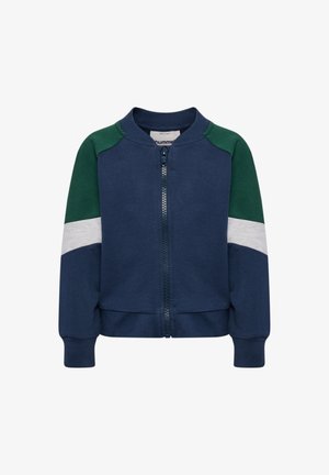 Sweatshirt zippé bleu marine avec des accents verts et gris sur les épaules, des poignets côtelés et une taille côtelée, fabriqué à partir d'un tissu doux.