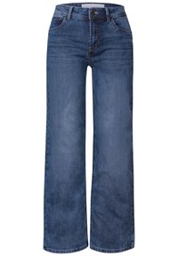 Jean large bleu foncé en denim. Présente une taille standard, des poches avant et arrière, et des détails de couture minimalistes.