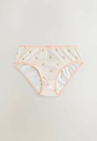 Culottes pour filles à rayures blanches et pêche avec petits motifs ours jaunes et cônes de glace roses, bordure pêche et petit nœud au centre de la taille.