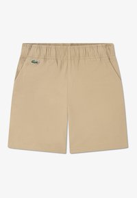 Χακί σορτς με ελαστική μέση, πλαϊνές τσέπες και κεντημένο πράσινο λογότυπο κροκόδειλου, με λεία, ελαφριά ύφανση.