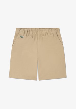 Pantaloni scurți kaki cu elastic în talie, buzunare laterale și logo brodat cu crocodil verde, confecționați dintr-un material neted și ușor.