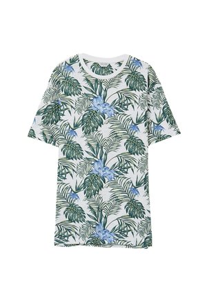 T-shirt à manches courtes en tissu doux, avec une base blanche ornée d'un motif de feuille tropicale verte et de fleurs bleues. Encolure ronde.